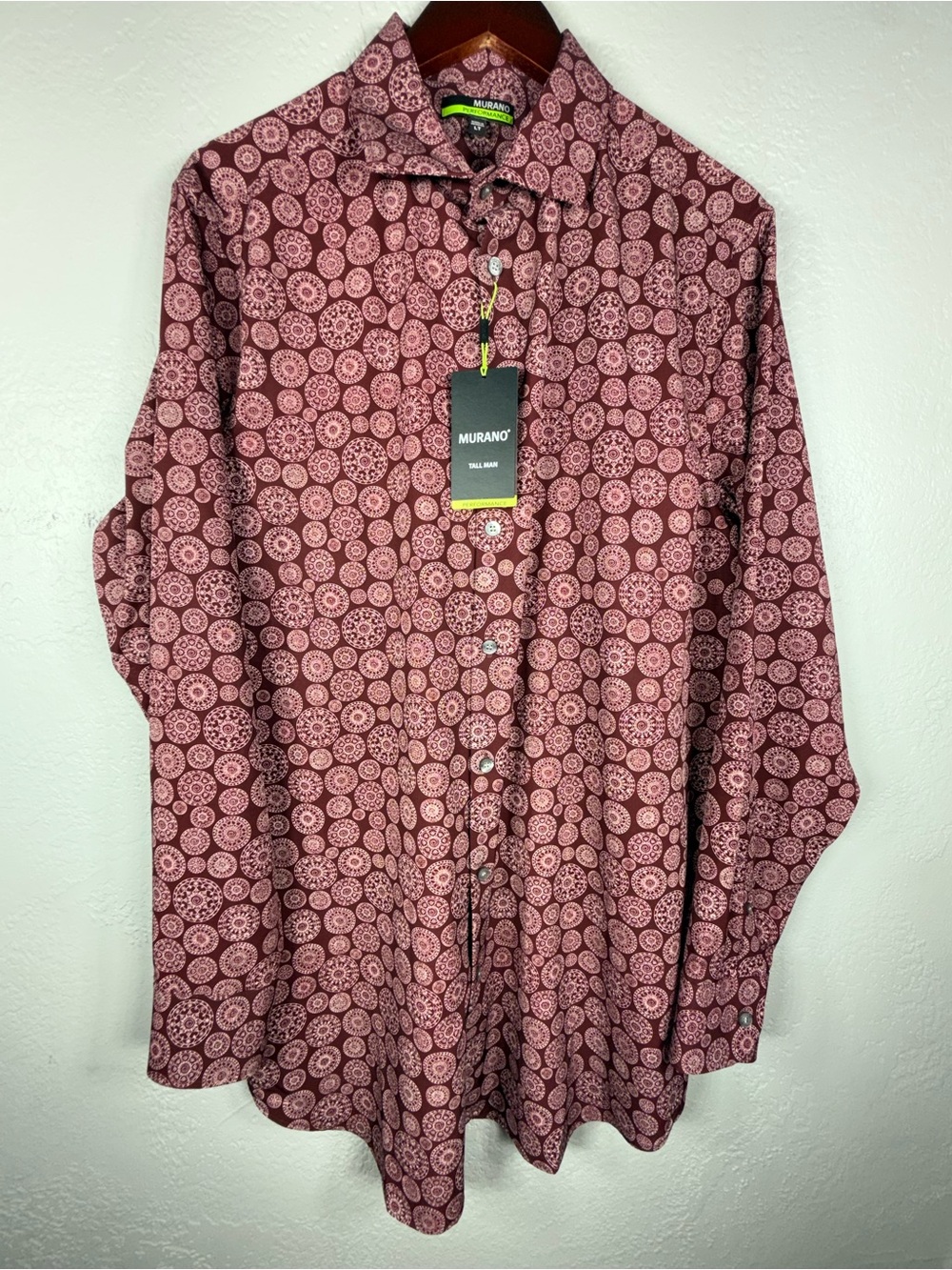 Murano Men's Burgundy Patterned Long-Sleeve Button-Down Shirt